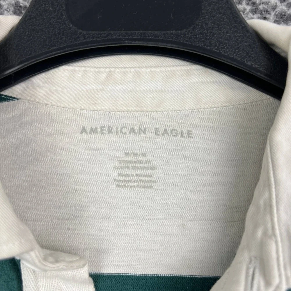 American Eagle Rugby Polo Shirt Men Medium Green Striped Long Sleeve Cotton M